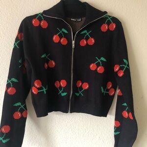 Black Zip Sweater with Red and Green Cherry Design